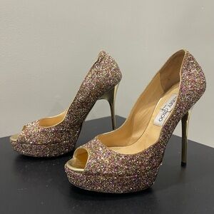 Jimmy Choo Gold Glitter Peep Toe Heels